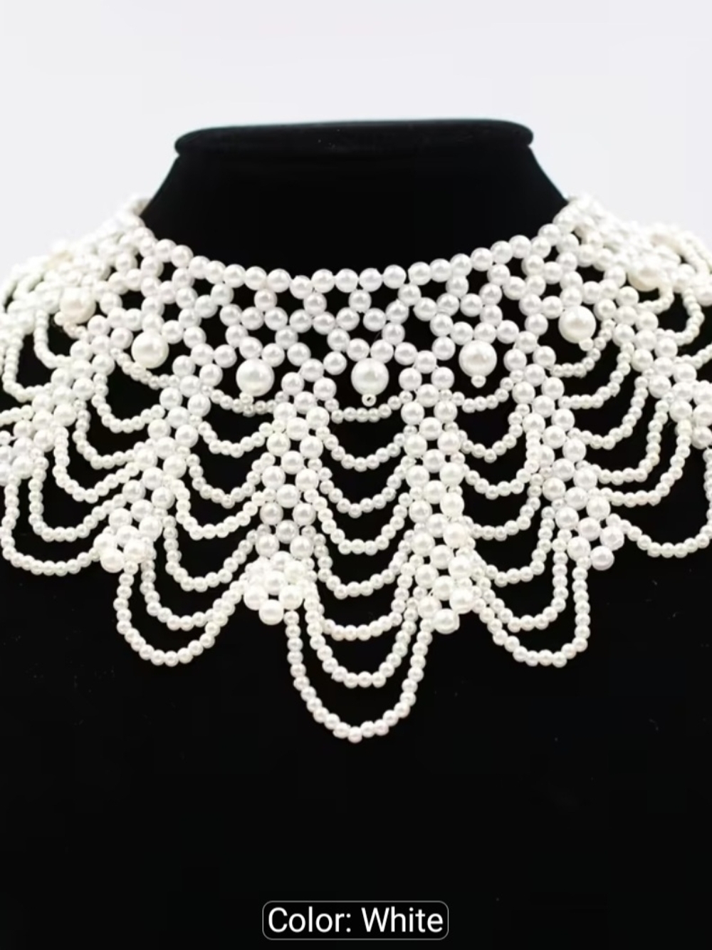 White Simulated Pearl Beaded Lace Choker Necklace